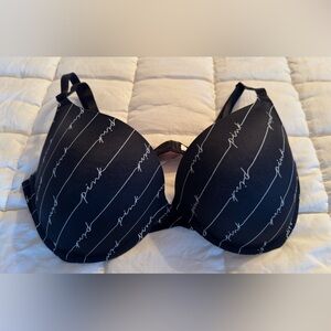 Victoria’s Secret PINK Black and White Bra with Script Design.